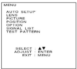 MENU AUTO SETUP LENS PICTURE POSITION OPTION SIGNAL LIST TEST PATTERN SELECT : ▲▼ ADJUST : ENTER EXIT : MENU