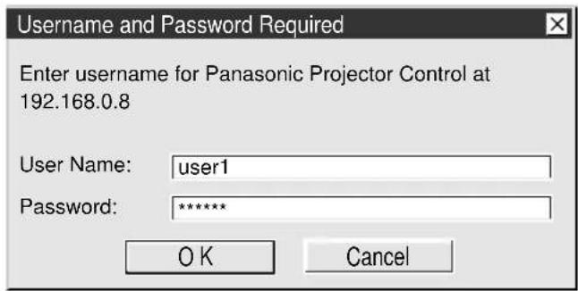 Username and Password Required Enter username for Panasonic Projector Control at 192.168.0.8 User Name: user1 Password: ***** OK Cancel