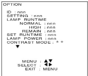 OPTION ID : nnn SETTING : nnn LAMP RUNTIME NORMAL : nnn HIGH : nnn REMAIN : nnn SET RUNTIME : nnn LAMP POWER : nnn CONTRAST MODE : * * MENU : ▲▼ SELECT : ◀◀ EXIT : MENU