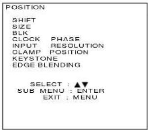 POSITION SHIFT SIZE BLK CLOCK PHASE INPUT RESOLUTION CLAMP POSITION KEYSTONE EDGE BLENDING SELECT : ▲▼ SUB MENU : ENTER EXIT : MENU