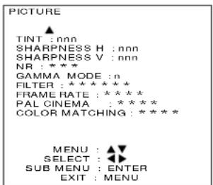 PICTURE ▲ TINT : nnn SHARPNESS H : nnn SHARPNESS V : nnn NR : ***** GAMMA MODE : 0 FILTER : ****** FRAME RATE : ****** PAL CINEMA : ****** COLOR MATCHING : ****** MENU : ▲▼ SELECT : ◀▶ SUB MENU : ENTER EXIT : MENU