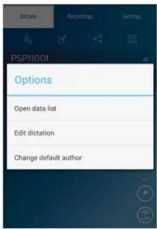 Options Open data list Edit dictation Change default author