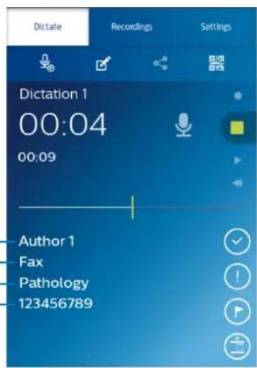 Dictate Recordings Settings Dictation 1 00:04 00:09 Author 1 Fax Pathology 123456789