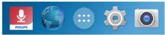 Blue background with five icons: a red microphone, a globe, a dot grid, a gear, and a camera (no text or symbols on the icons themselves)
