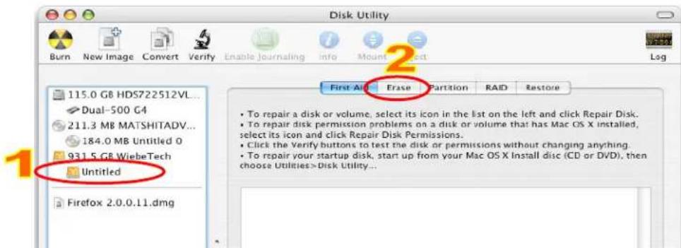 Disk Utility Burn New Image Convert Verify Enable Journaling info Mount Select Log 115.0 GB HDS722512VL... Dual-500 G4 211.3 MB MATSHITADV... 184.0 MB Untitled 0 931.5 GB WiebeTech Untitled Firefox 2.0.0.11.dmg First Aid Erase Partition RAID Restore To repair a disk or volume, select its icon in the list on the left and click Repair Disk. To repair disk permission problems on a disk or volume that has Mac OS X installed, select its icon and click Repair Disk Permissions. Click the Verify buttons to test the disk or permissions without changing anything. To repair your startup disk, start up from your Mac OS X Install disc (CD or DVD), then choose Utilities >Disk Utility...