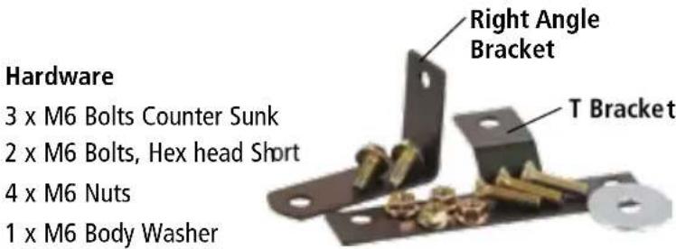 Hardware 3 x M6 Bolts Counter Sunk 2 x M6 Bolts, Hex head Short 4 x M6 Nuts 1 x M6 Body Washer Right Angle Bracket T Bracket
