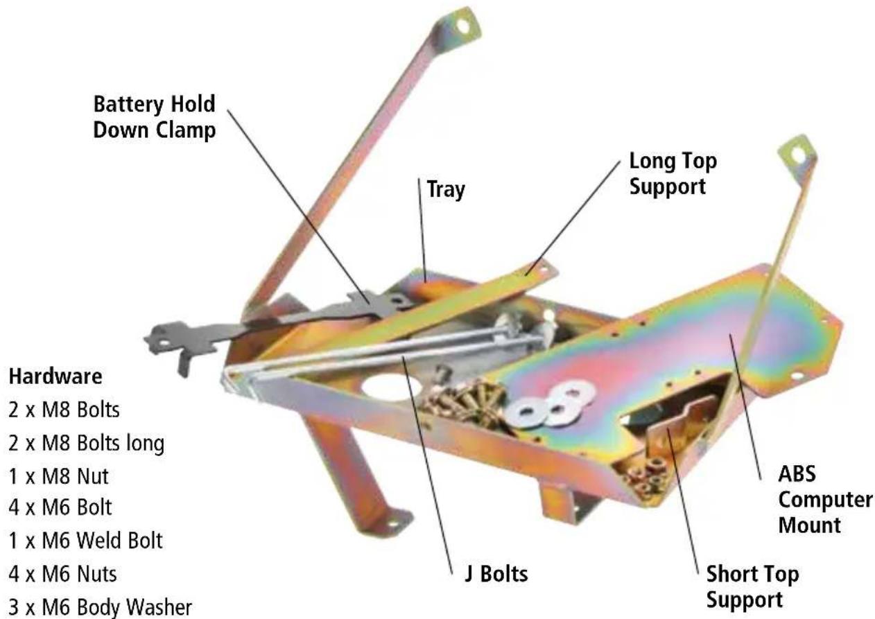 Battery Hold Down Clamp Tray Long Top Support Hardware 2 x M8 Bolts 2 x M8 Bolts long 1 x M8 Nut 4 x M6 Bolt 1 x M6 Weld Bolt 4 x M6 Nuts 3 x M6 Body Washer J Bolts ABS Computer Mount Short Top Support