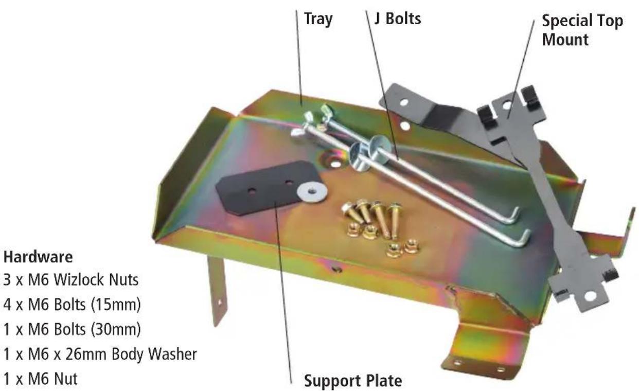 Tray J Bolts Special Top Mount Hardware 3 x M6 Wizlock Nuts 4 x M6 Bolts (15mm) 1 x M6 Bolts (30mm) 1 x M6 x 26mm Body Washer 1 x M6 Nut Support Plate