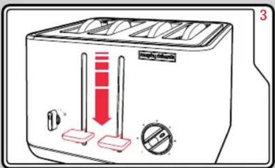 Diagram of a toaster oven with red downward arrows indicating cooling or ventilation system, labeled with number 3.