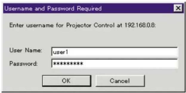 Username and Password Required Enter username for Projector Control at 192.168.0.8: User Name: user1 Password: ******** OK Cancel