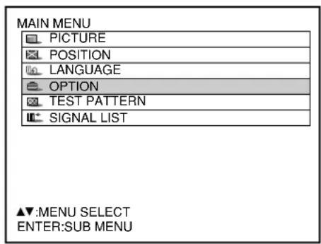 MAIN MENU PICTURE POSITION LANGUAGE OPTION TEST PATTERN SIGNAL LIST ▲▼:MENU SELECT ENTER:SUB MENU