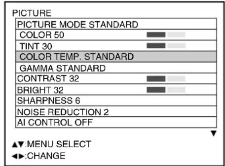 PICTURE PICTURE MODE STANDARD COLOR 50 TINT 30 COLOR TEMP. STANDARD GAMMA STANDARD CONTRAST 32 BRIGHT 32 SHARPNESS 6 NOISE REDUCTION 2 AI CONTROL OFF ▲▼:MENU SELECT ◀►:CHANGE