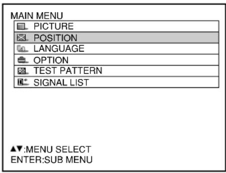 MAIN MENU PICTURE POSITION LANGUAGE OPTION TEST PATTERN SIGNAL LIST ▲▼:MENU SELECT ENTER:SUB MENU