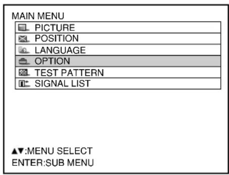 MAIN MENU PICTURE POSITION LANGUAGE OPTION TEST PATTERN SIGNAL LIST ▲▼:MENU SELECT ENTER:SUB MENU