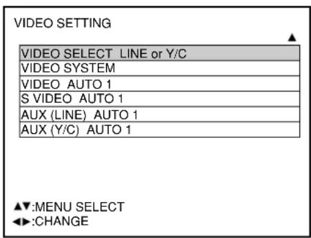 VIDEO SETTING VIDEO SELECT LINE or Y/C VIDEO SYSTEM VIDEO AUTO 1 S VIDEO AUTO 1 AUX (LINE) AUTO 1 AUX (Y/C) AUTO 1 ▲▼:MENU SELECT ◀▶:CHANGE