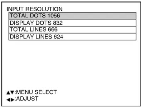 INPUT RESOLUTION TOTAL DOTS 1056 DISPLAY DOTS 832 TOTAL LINES 666 DISPLAY LINES 624 ▲▼:MENU SELECT ◀▶:ADJUST