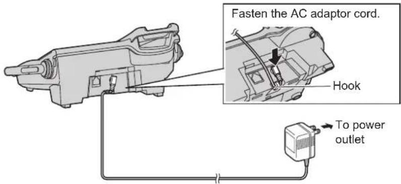Fasten the AC adaptor cord. Hook to power outlet.