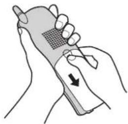 Illustration of hands holding a mobile phone with a finger pointing to the screen (no text or symbols visible).