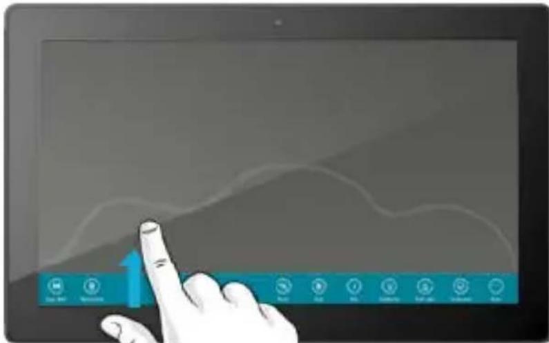 Illustration of a hand interacting with a tablet displaying a blue navigation bar with icons and a rising arrow, likely from a digital interface.