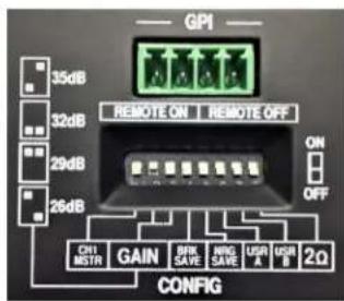GPI 35dB 32dB 29dB 26dB REMOTE ON REMOTE OFF ON OFF ON MSTR GAIN DWR SAVE RNG SAVE USER A USB 2Ω CONFIG