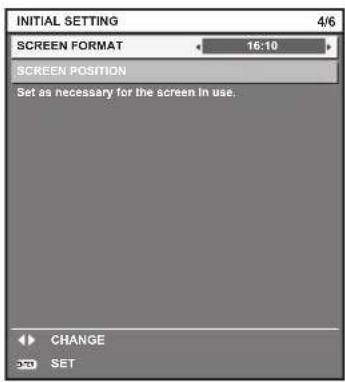 INITIAL SETTING 4/6 SCREEN FORMAT 16:10 SCREEN POSITION Set as necessary for the screen in use. CHANGE SET