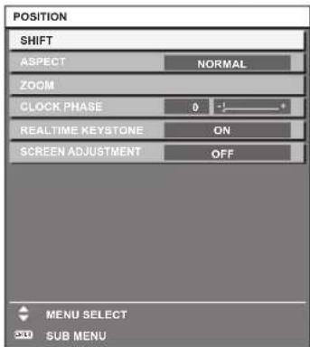 POSITION SHIFT ASPECT NORMAL ZOOM CLOCK PHASE 0 -1 REALTIME KEYSTONE ON SCREEN ADJUSTMENT OFF MENU SELECT SUB MENU