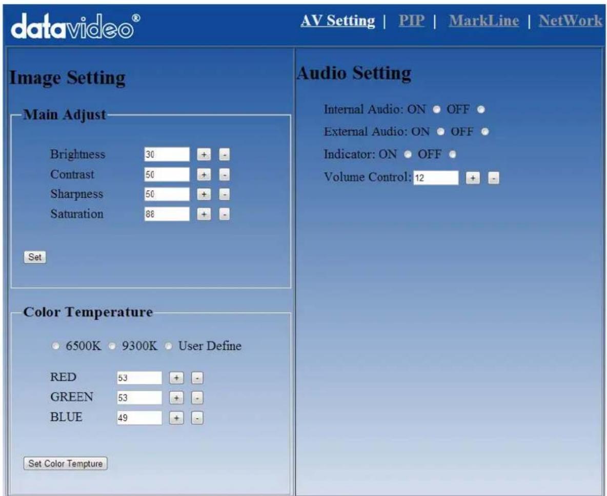 datavideo® AV Setting | PIP | MarkLine | NetWork Image Setting Main Adjust Brightness 30 + - Contrast 50 + - Sharpness 50 + - Saturation 88 + - Set Audio Setting Internal Audio: ON • OFF • External Audio: ON • OFF • Indicator: ON • OFF • Volume Control: 12 + - Color Temperature 6500K 9300K User Define RED 53 + - GREEN 53 + - BLUE 49 + - Set Color Tempture