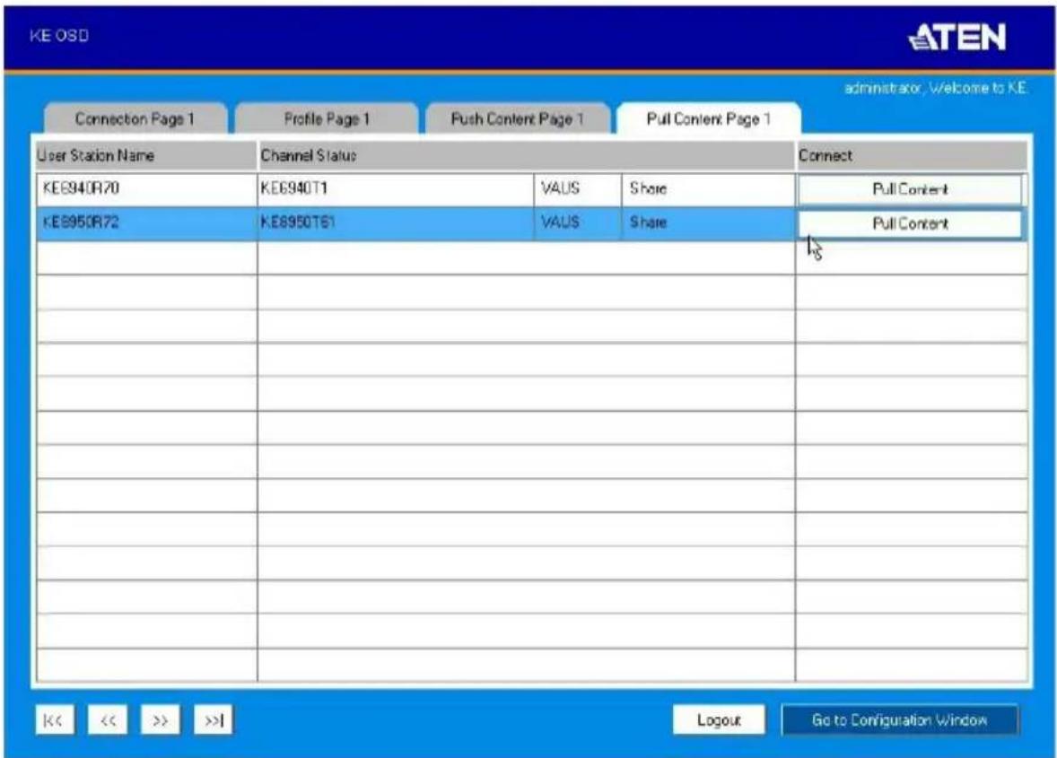 KE OSD ATEN Administrator, Welcome to KE Connection Page 1 Profile Page 1 Push Content Page 1 Pull Content Page 1 User Station Name Channel Status Connect KE6940R70 KE6940T1 VAUS Share Pull Content KE6950R72 KE6950T61 VAUS Share Pull Content 1/8 C << << >> >>| Logout Go to Configuration Window