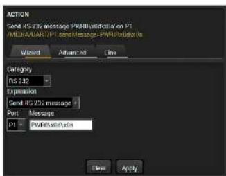 ACTION Send RS-232z message PWMRvitaldata on PT AIDUA/UART/PT sendMessage-PWMRvitaldata Wizard Advanced Line Category RS 232 Expression Send RS-232z message Port Message IPI PWMRvitaldata Close Apply