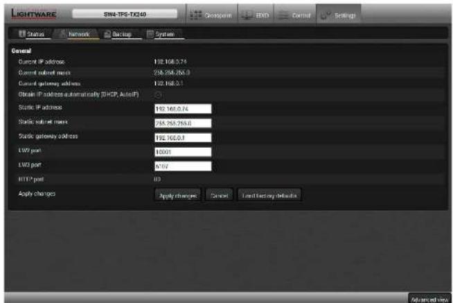 LIGHTWARE SW4-TPS-TX240 Status Network Backup System General Current IP address: 192.168.570 Current subnet mask: 236.256.256.0 Current gateway address: 192.168.51 Obtain IP address automatically (DHCP, AutoIP) Static IP address: 192.168.574 Static subnet mask: 236.256.256.0 Static gateway address: 192.168.51 LW7 port: 10001 LW3 port: 9707 HTTP port: 10 Apply changes Apply changes Cancel Limit Existing Defaults Advanced view