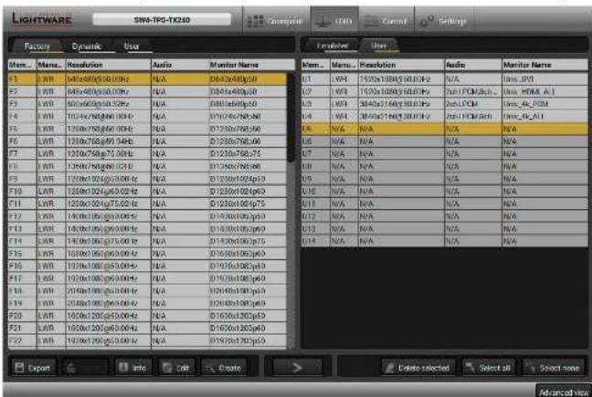 LIGHTWARE SW4-TP5-TX250 Factory Dynamic user Factory Dynamic user Editor User Mem... Mem... Resolution Audio Monitor Name Mem... Mem... Resolution Audio Monitor Name 1 WR 485 485 485 30.0 Hz N/A 264 264 264 250 U1 WR 1970s 1980s 20.0 Hz N/A U2 WR 1970s 1980s 20.0 Hz U2 WR 384 384 384 38.0 Hz Ach LCDM Ums_4L_HDM Ums_4L_A1 Ums_4L_B1 Ums_4L_C1 Ums_4L_D1 Ums_4L_E1 Ums_4L_F1 Ums_4L_G1 Ums_4L_H1 Ums_4L_I1 Ums_4L_J1 Ums_4L_K1 Ums_4L_L1 Ums_4L_M1 Ums_4L_N1 Ums_4L_O1 Ums_4L_P1 Ums_4L_S1 Ums_4L_T1 Ums_4L_U1 Ums_4L_V1 Ums_4L_W1 Ums_4L_X1 Ums_4L_Y1 Ums_4L_Z1 Ums_4L_A1 Ums_4L_B1 Ums_4L_C1 Ums_4L_D1 Ums_4L_E1 Ums_4L_F1 Ums_4L_G1 Ums_4L_H1 Ums_4L_I1 Ums_4L_J1 Ums_4L_K1 Ums_4L_L1 Ums 45 45 45 30 Hz N/A N/A N/A N/A N/A N/A N/A N/A N/A N/A N/A N/A N/A N/A N/A N/A N/A N/A N/A N/A N/A N/A N/A N/A N/A N/A N/A N/A N/A N/A N/A N/A N/A N/A