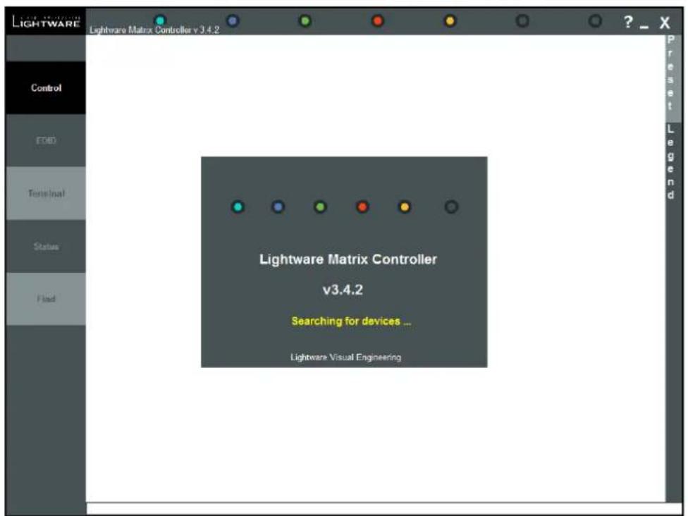 LIGHTWARE Lightware Matrix Controller v3.4.2 Control FOD Terminal Status Find Lightware Matrix Controller v3.4.2 Searching for devices ... Lightware Visual Engineering