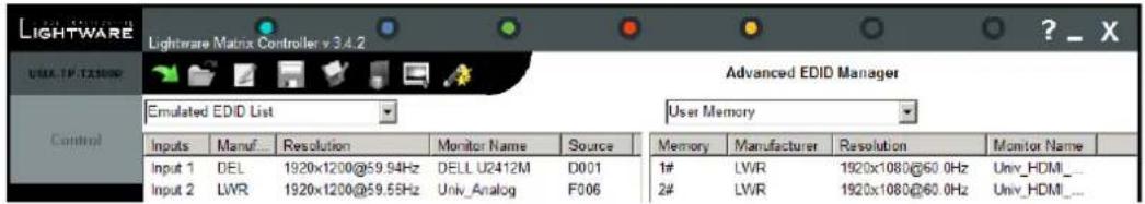 LIGHTWARE Lightware Matrix Controller v 3.4.2 Figure 7-6. EDID Management menu Any source reads the EDID from the Emulated EDID memory for the corresponding port. The user can select an EDID with the rotary switches to the desired input's memory location. This is called EDID switching. There are two types of the emulation: static and dynamic. - Static EDID emulation happens, when an EDID from the Factory or User EDID list is selected by the Rotary switches (#1 .. #9). In this case the Emulated EDID will remain the same until the user emulates another EDID. - Dynamic EDID emulation can be enabled by selecting #0 on the Rotary switch. The attached monitor's EDID is copied to the INPUT, if a new monitor is attached to the output, the emulated EDID changes automatically. Changing the emulated EDID at one or all inputs To change the emulated EDID use the Rotary switches on the front panel of the device. Info: If dynamic emulation is established, the emulated EDID will be changed on the INPUT every time a new monitor is connected to the OUTPUT. If the monitor is disconnected from the output, the last EDID remains emulated for the source. This feature helps especially rental technicians or system integrators to keep the source continuously transmitting the signal, and adopt the system for new incoming display devices. Info: Power ON/OFF cycle will not affect the emulated EDID or other settings. Info: EDID routing procedure causes a status change, hence it is reported back to the CONTROL SOFTWARE within 2-3 seconds. Learning EDID from attached display device The system is able to learn the EDID from a connected display device and store it in one of the user programmable memory locations. Step 1. Select the User Memory in the drop-down menu in one of the list windows. Step 2. Select the EDID to be saved from the other list window. Step 3. Drag and drop the selected EDID to the desired User Memory location. Step 4. Click Yes in the pop-up dialog window to confirm EDID change. Saving EDID from memory to file The control software is able to download EDID from the matrix and to save it as an EDID file (.dat file extension). Step 1. Select the desired EDID list in the drop-down menu in the list windows. Step 2. Right click on the EDID to be saved. Step 3. Click on the "Save to file" in the pop-up window. Step 4. The Matrix Controller Software downloads the desired EDID and a save dialog appears. It may take a few seconds to download the EDID. If the save dialog is shown, type in the file name, and press Save button. After the process was completed, an "EDID saved!" message confirms the command. Load EDID from file to memory The system is able to load EDID from a file located on the computer and store it in the matrix. EDID are stored in \*.dat files. Step 1. Select the User Memory list in one of the list windows Step 2. Right click on the desired memory location. Then select "Load from file" from the pop-up menu. Step 3. Browse your hard drive to find the desired EDID file. The software checks whether the selected file is a valid EDID file. Step 4. Click Open in the browser window. Delete EDID Only user EDIDs can be deleted. Deleting means the factory EDID (Universal HDMI or Analog EDID) will be loaded into the desired user EDID memory. Step 1. Select the User Memory in the drop-down menu in one of the list windows. Step 2. Right click on the desired memory location. Then select "Delete EDID" from the pop-up menu. Step 3. Click Yes in the pop-up dialog window to confirm EDID delete. 7.4.2. Advanced EDID Editor This powerful tool is essential for AV professionals. The Lightware Advanced EDID Editor is integrated into the Lightware Matrix Controller software, and it makes possible to manage every setting in the EDID on an intuitive user interface. The editor can read and write all descriptors, which are defined in the standards, including the additional CEA extensions. Any EDID from the router's memory or a saved EDID file can be loaded in the editor. The software resolves the raw EDID, and displays it as readable information to the user. All descriptors can be edited, and saved in an EDID file, or uploaded to the router's memory. By clicking on the green arrow, the editor area rolls down. ![](images/623b0c76ce9535e945d380ae1c03e743087b1402d6a14fa5fb7c8900a01d9689.jpg) text_image LIGHTWARE Lightware Matrix Controller v 3.4.2 USD TP /X1000P Advanced EDID Manager Emulated EDID List User Memory Control Inputs Manuf Resolution Monitor Name Source Input 1 DEL 1920x1200@59.94Hz DELL U2412M D001 Input 2 LWR 1920x1200@59.55Hz Univ_Analog F006 Memory Manufacturer Resolution Monitor Name 1# LWR 1920x1080@60.0Hz Univ_HDMI_ 2# LWR 1920x1080@60.0Hz Univ_HDMI_