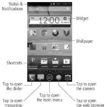 Status & Notifications 12:00 Widget Wallpaper Shortcuts Tap to open the dialer Tap to open the main menu Tap to open the camera Tap to open the web browser