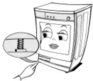 Cartoon illustration of a washing machine with a close-up view of its side panel showing a screw (no text or symbols present)