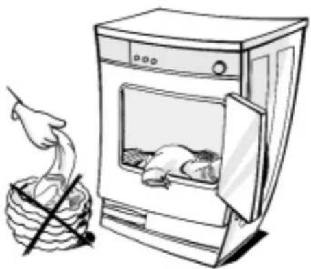 Illustration of a hand washing clothes next to a washing machine with a bag open (no text or symbols)