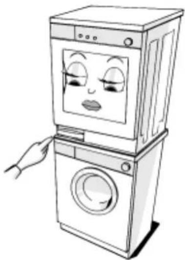 Cartoon illustration of a hand pressing down on a washing machine with a sad face on the screen (no text or symbols)