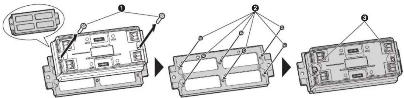 Diagram illustrating three steps of assembling a device chassis, labeled 1, 2, and 3 with component placement and assembly details.