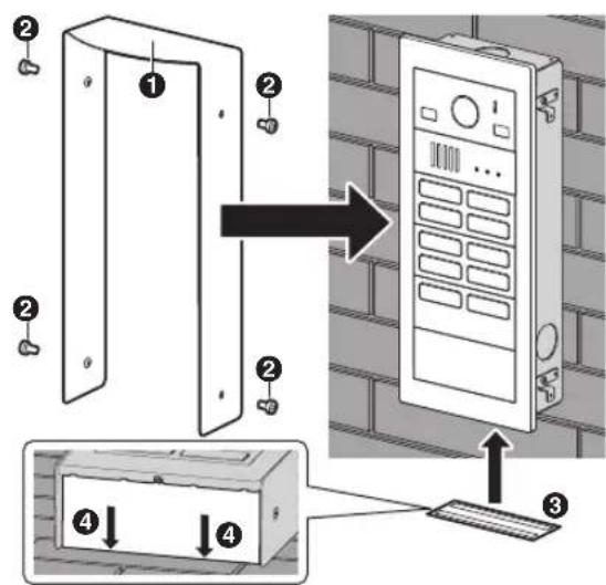 Diagram showing wall-mounted device components with numbered labels and directional arrows indicating assembly or installation.