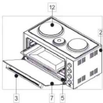 Technical diagram of a microwave oven with numbered components for identification