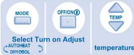 MODE OFF/ON Select Turn on Adjust AUTOHEAT DRYCOOL TEMP temperature