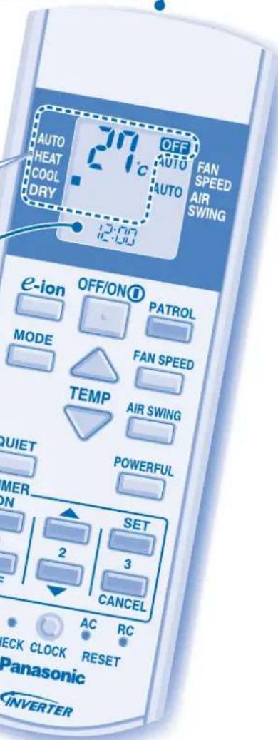 AUTO HEAT COOL DRY 20°C OFF AUTO AUTO FAN SPEED AIR SWING e-ion OFF/ON PATROL MODE FAN SPEED TEMP AIR SWING QUIET POWERFUL TIMER ON SET 2 3 CANCEL AC RC ECK CLOCK RESET Panasonic INVERTER