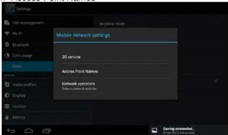 Settings SIM management Airplane mode Mobile network settings 3G service Access Point Names Network operators Select a network operator Audio profiles Display Storage Battery Saving screenshot...