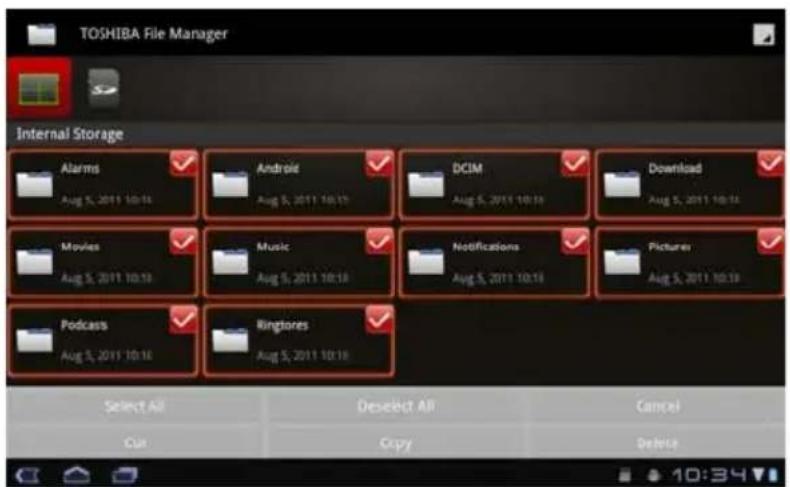 TOSHIBA File Manager Internal Storage Alarms Aug 5, 2011 10:19 Android Aug 5, 2011 10:19 DCIM Aug 5, 2011 10:19 Download Aug 5, 2011 10:19 Movies Aug 5, 2011 10:19 Music Aug 5, 2011 10:19 Notifications Aug 5, 2011 10:19 Pictures Aug 5, 2011 10:19 Podcast Aug 5, 2011 10:19 Ringtones Aug 5, 2011 10:19 Select All Deselect All Cancel Cut Copy Delete