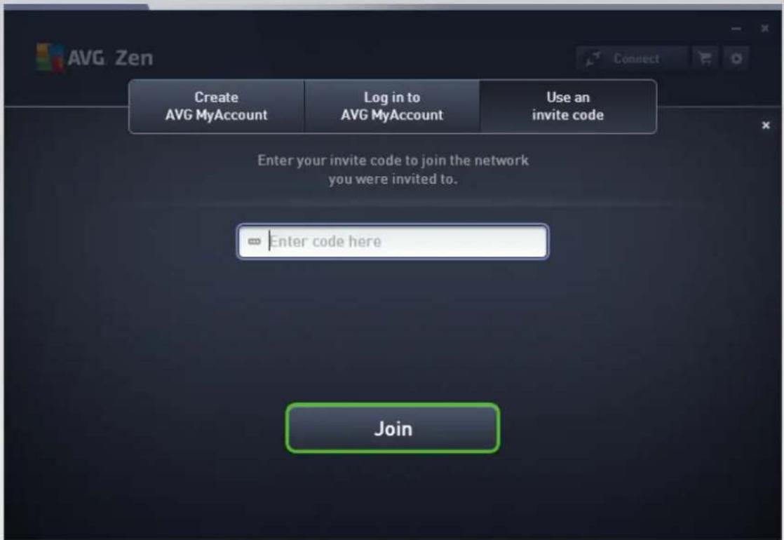 AVG Zen Create AVG MyAccount Log in to AVG MyAccount Use an invite code Enter your invite code to join the network you were invited to. Enter code here Join