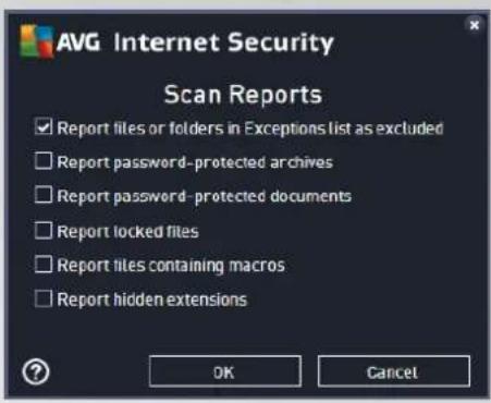 AVG Internet Security Scan Reports ✓ Report files or folders in Exceptions list as excluded ☐ Report password-protected archives ☐ Report password-protected documents ☐ Report locked files ☐ Report files containing macros ☐ Report hidden extensions OK Cancel
