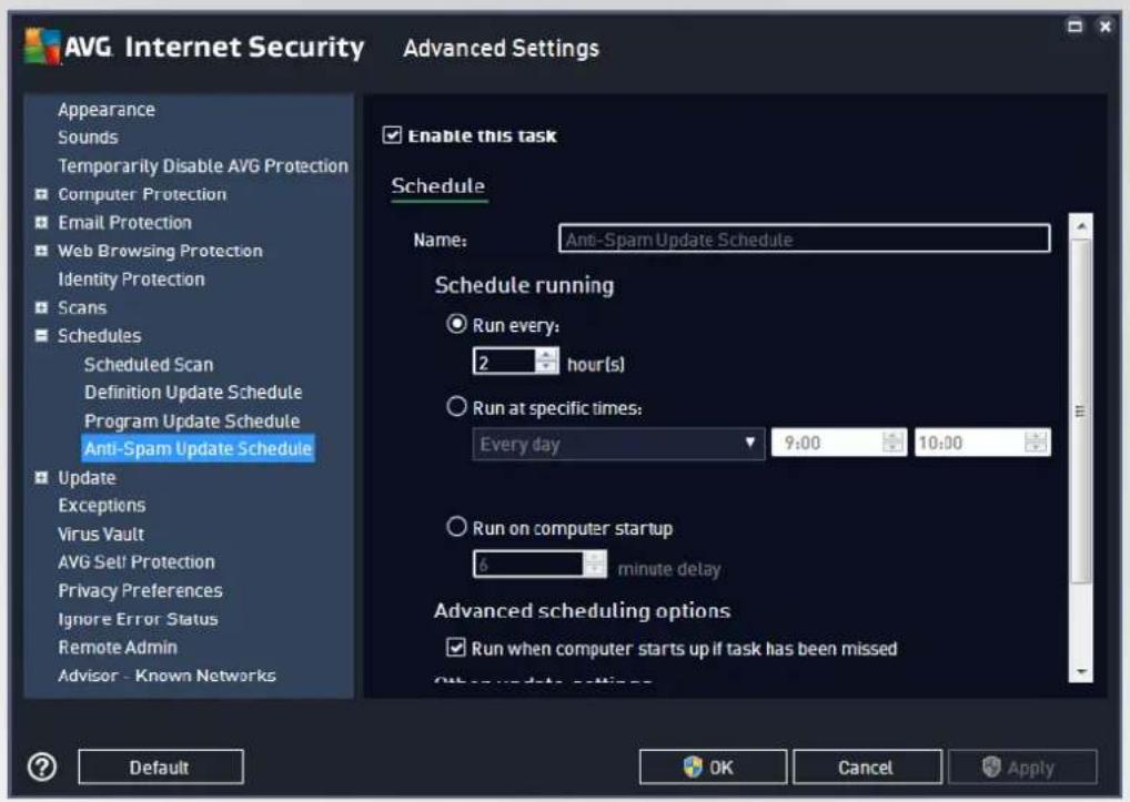 AVG Internet Security Advanced Settings Appearance Sounds Temporarily Disable AVG Protection Computer Protection Email Protection Web Browsing Protection Identity Protection Scans Schedules Scheduled Scan Definition Update Schedule Program Update Schedule Anti-Spam Update Schedule Update Exceptions Virus Vault AVG Setl Protection Privacy Preferences Ignore Error Status Remote Admin Advisor - Known Networks Enable this task Schedule Name: Anti-Spam Update Schedule Schedule running Run every: 2 hour(s) Run at specific times: Every day 9:00 10:00 Run on computer startup 6 minute delay Advanced scheduling options Run when computer starts up if task has been missed Other update settings Default OK Cancel Apply