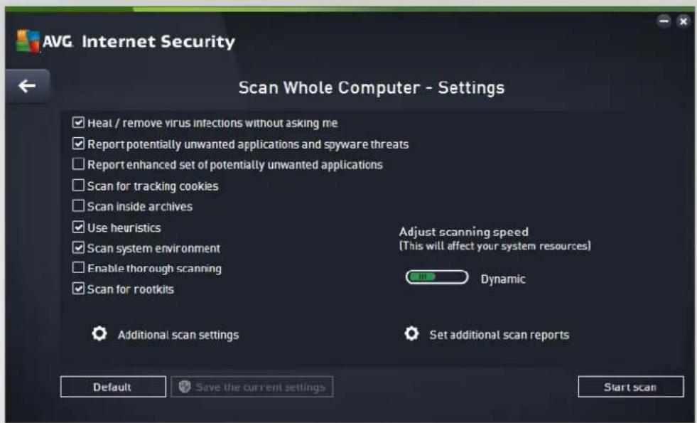 AVG Internet Security Scan Whole Computer - Settings ✓ Heat / remove virus infections without asking me ✓ Report potentially unwanted applications and spyware threats ☐ Report enhanced set of potentially unwanted applications ☐ Scan for tracking cookies ☐ Scan inside archives ✓ Use heuristics ✓ Scan system environment ☐ Enable thorough scanning ✓ Scan for rootkits Adjust scanning speed (This will affect your system resources) Dynamic Additional scan settings Set additional scan reports Default Save the current settings Start scan
