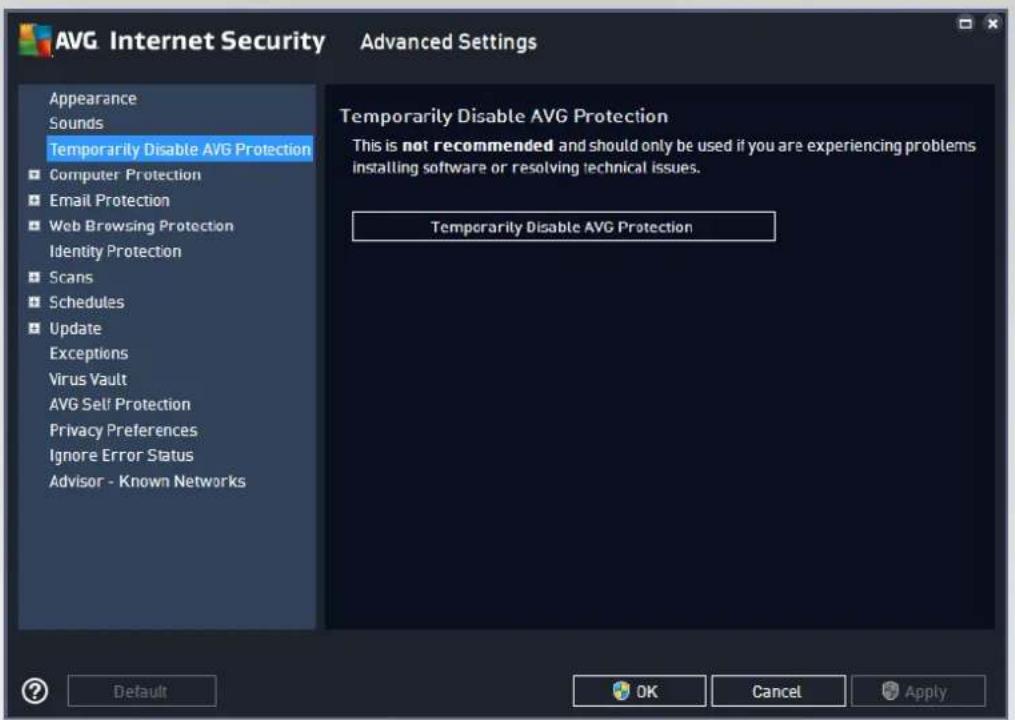 AVG Internet Security Appearance Sounds Temporarily Disable AVG Protection Computer Protection Email Protection Web Browsing Protection Identity Protection Scans Schedules Update Exceptions Virus Vault AVG Self Protection Privacy Preferences Ignore Error Status Advisor - Known Networks Advanced Settings Temporarily Disable AVG Protection This is not recommended and should only be used if you are experiencing problems installing software or resolving technical issues. Temporarily Disable AVG Protection Default OK Cancel Apply