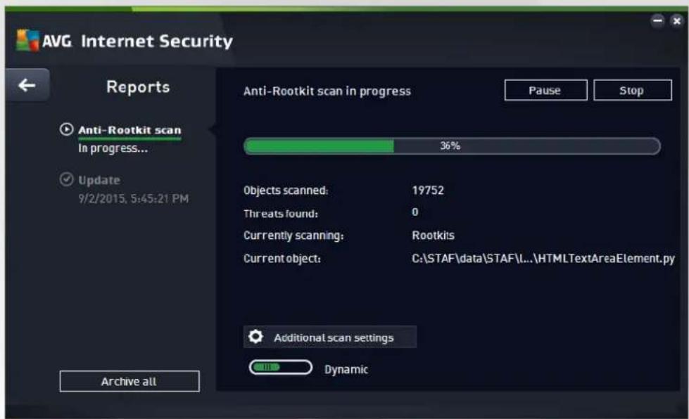 AVG Internet Security Reports Anti-Rootkit scan In progress... Update 9/2/2015, 5:45:21 PM Archive all Anti-Rootkit scan in progress Pause Stop Objects scanned: 19752 Threats found: 0 Currently scanning: Rootkits Current object: C:\STAF\data\STAF\...\HTMLTextAreaElement.py Additional scan settings Dynamic